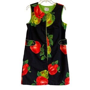 70s Vintage Apple Print S Shift Dress Black Cotton Cottagecore Farmcore Fruit